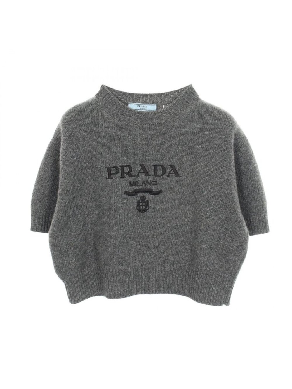 Prada Knit Logo Embroidery Short Sleeve Short Length Gray Wool Cashmere Nude